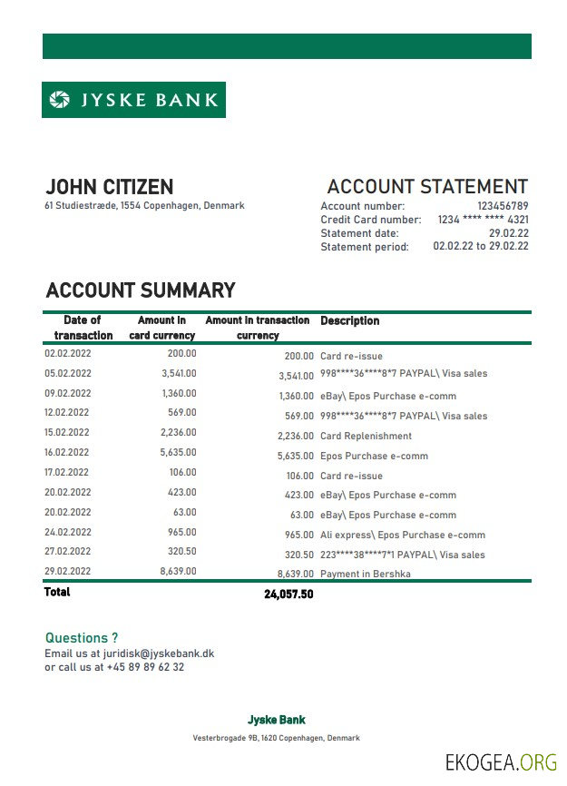 Danemark Relevé bancaire Jyske xls